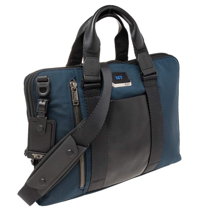 Pre Owned TUMI Navy Blue/Black Nylon and Leather Bravo Alpha Aviano Slim Briefcase