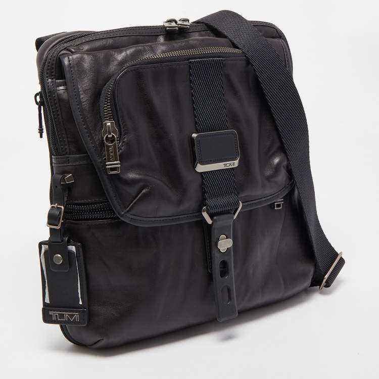 Pre Owned Tumi Black Leather Alpha Bravo Arnold Zip Flap Expandable Messenger Bag