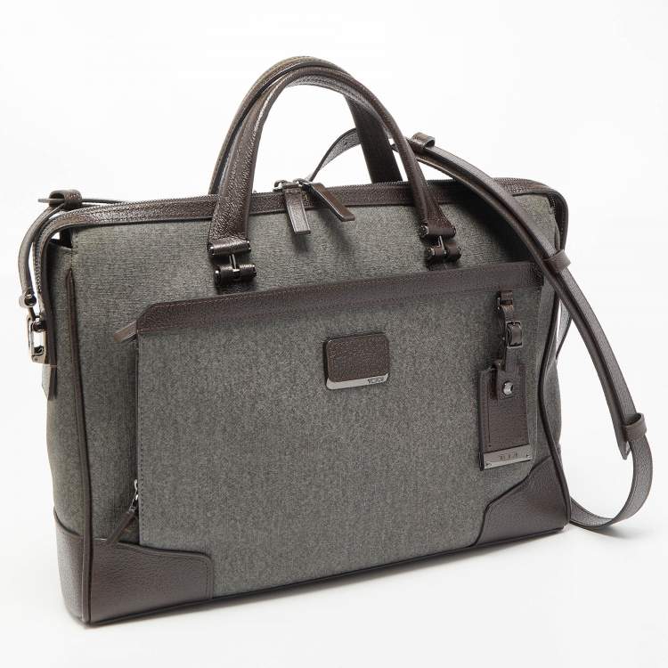 Pre Owned TUMI Dark Brown/Grey Coated Canvas and leather Astor Regis Slim Zip Top Briefcase