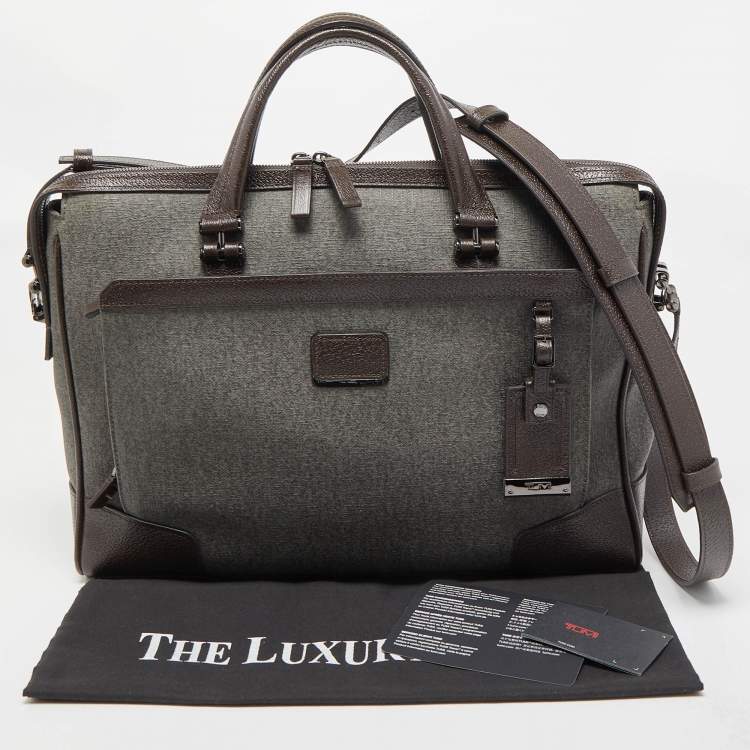 Pre Owned TUMI Dark Brown/Grey Coated Canvas and leather Astor Regis Slim Zip Top Briefcase