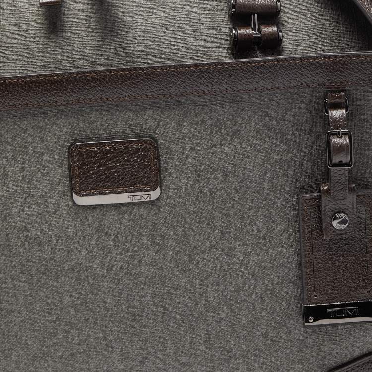 Pre Owned TUMI Dark Brown/Grey Coated Canvas and leather Astor Regis Slim Zip Top Briefcase