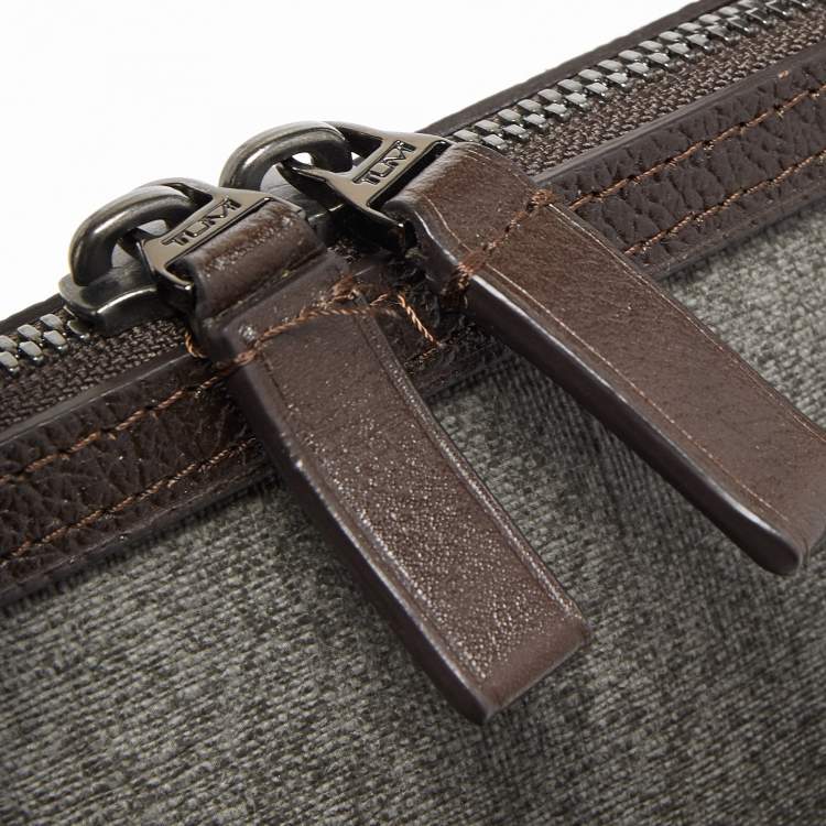 Pre Owned TUMI Dark Brown/Grey Coated Canvas and leather Astor Regis Slim Zip Top Briefcase