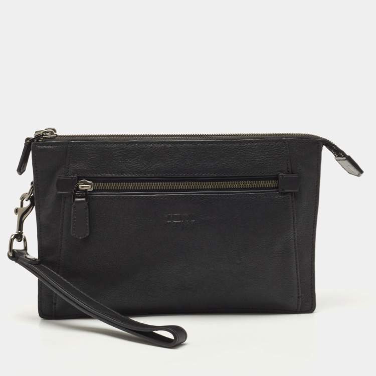 Pre Owned TUMI Black Leather Double Zip Wristlet Pouch