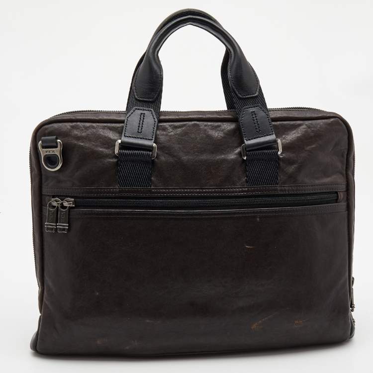 Pre Owned TUMI Dark Brown Leather Alpha Bravo Aviano Slim Briefcase 