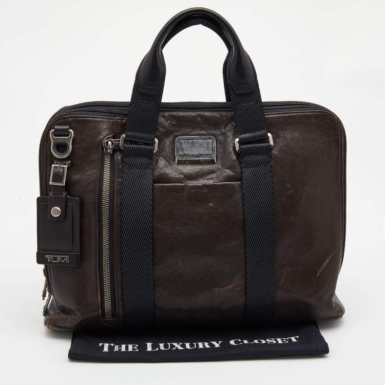 Pre Owned TUMI Dark Brown Leather Alpha Bravo Aviano Slim Briefcase 