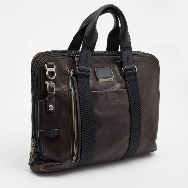 Pre Owned TUMI Dark Brown Leather Alpha Bravo Aviano Slim Briefcase 