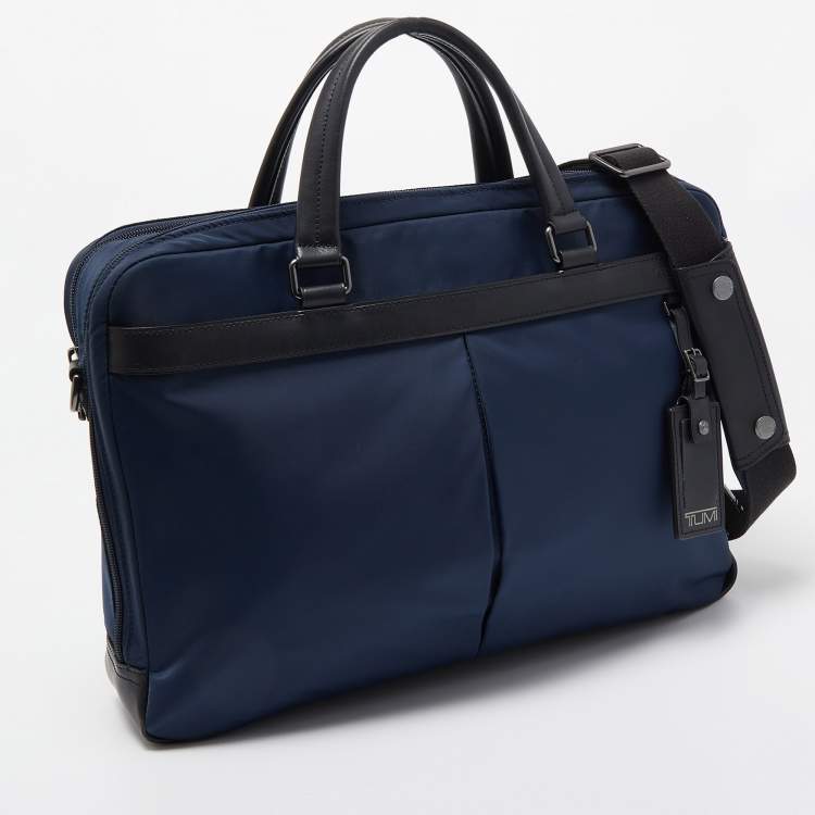 Pre Owned Tumi Navy Blue/Black Nylon and Leather Berwick Double Zip Briefcase Bag