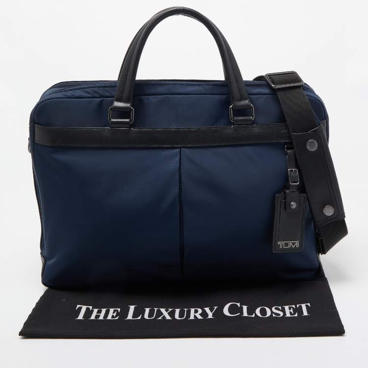 Pre Owned Tumi Navy Blue/Black Nylon and Leather Berwick Double Zip Briefcase Bag