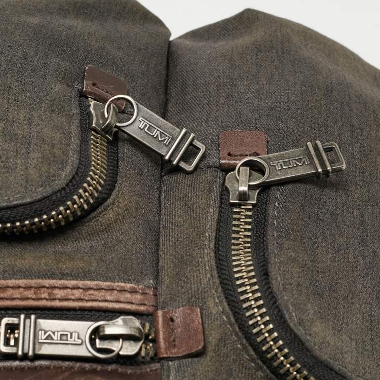 Pre Owned Tumi Grey/Brown Denim and Leather Alpha Bravo Brooks Briefcase Bag