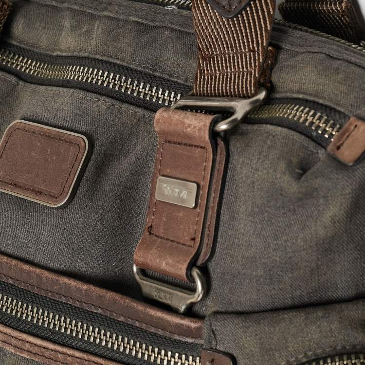 Pre Owned Tumi Grey/Brown Denim and Leather Alpha Bravo Brooks Briefcase Bag