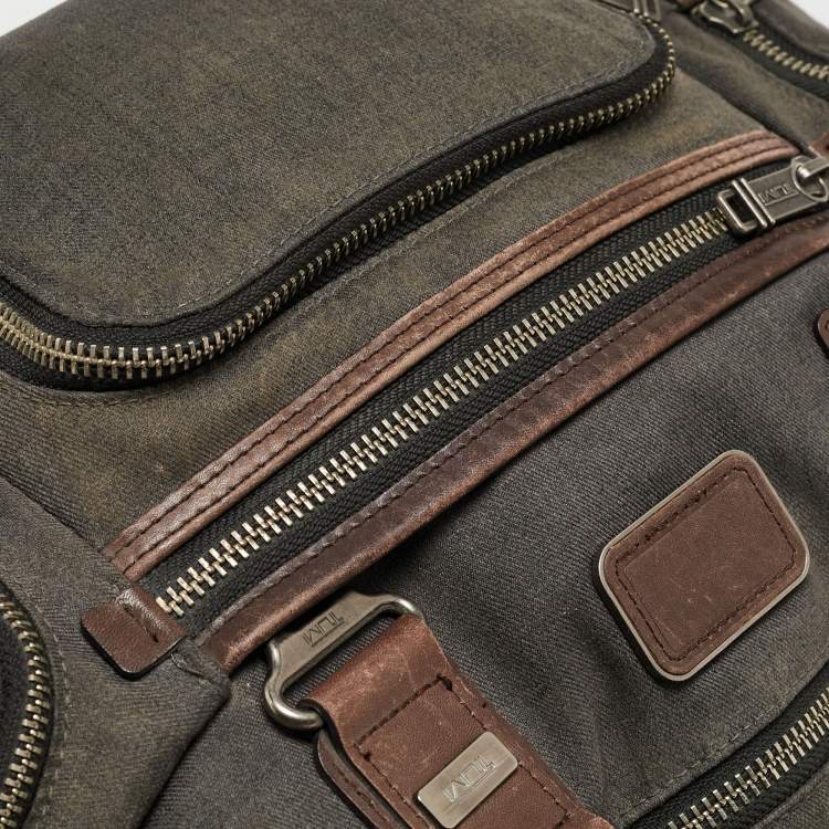 Pre Owned Tumi Grey/Brown Denim and Leather Alpha Bravo Brooks Briefcase Bag