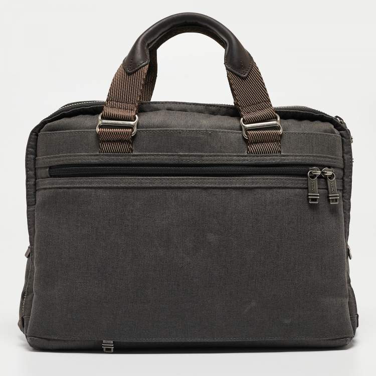 Pre Owned Tumi Grey/Brown Denim and Leather Alpha Bravo Brooks Briefcase Bag