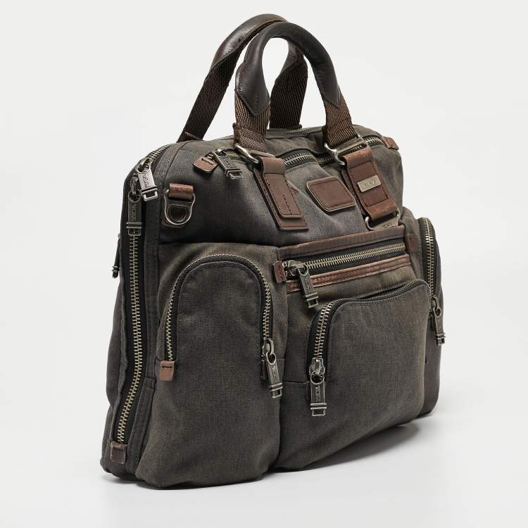 Pre Owned Tumi Grey/Brown Denim and Leather Alpha Bravo Brooks Briefcase Bag