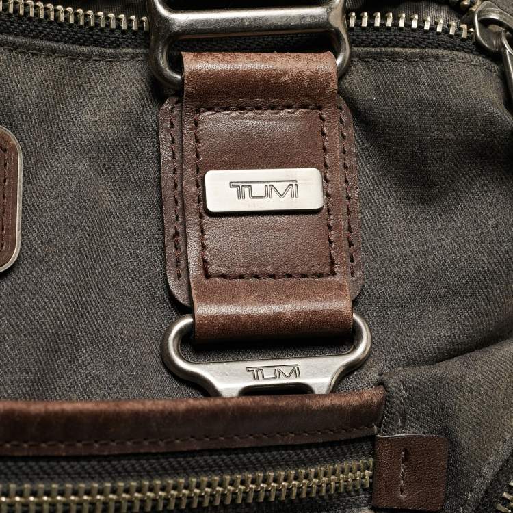 Pre Owned Tumi Grey/Brown Denim and Leather Alpha Bravo Brooks Briefcase Bag