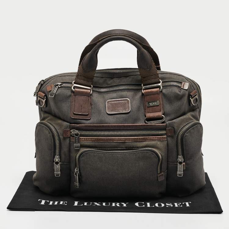 Pre Owned Tumi Grey/Brown Denim and Leather Alpha Bravo Brooks Briefcase Bag