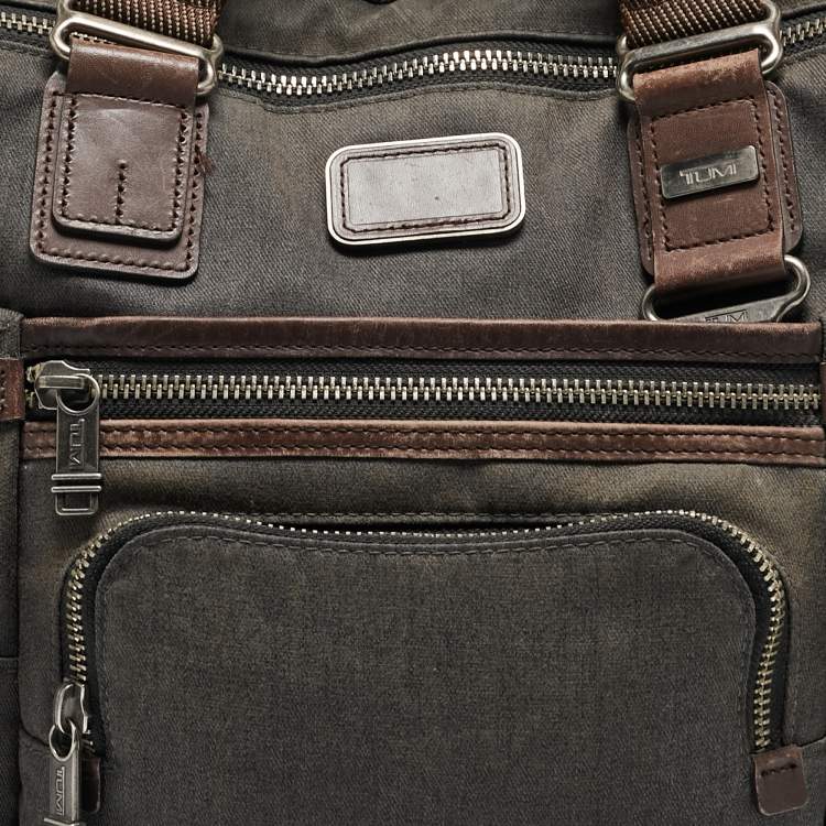 Pre Owned Tumi Grey/Brown Denim and Leather Alpha Bravo Brooks Briefcase Bag