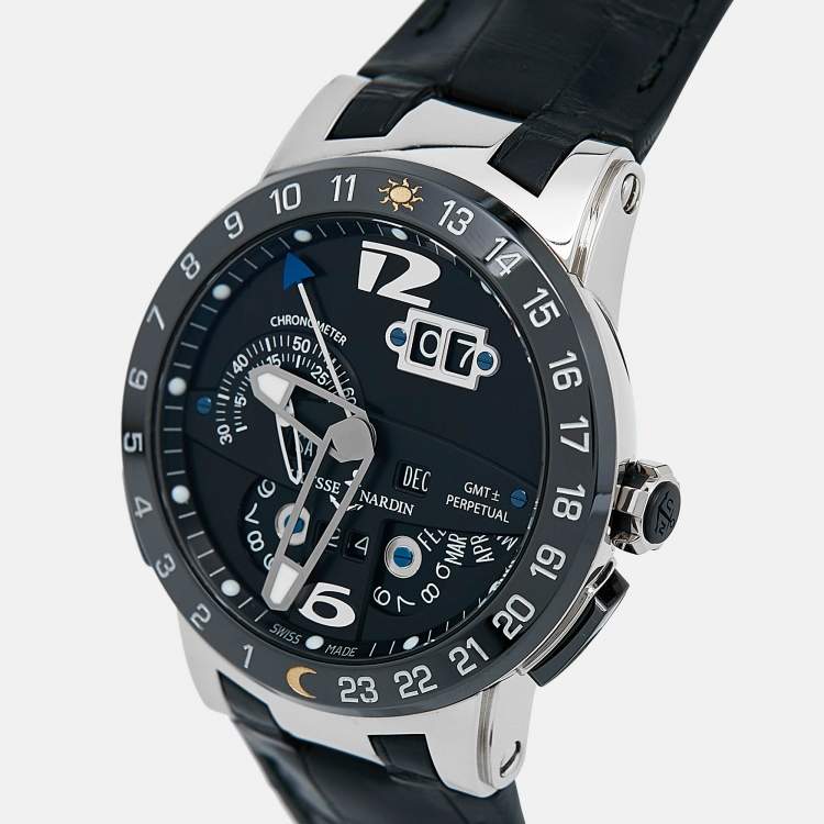 Pre Owned Ulysse Nardin Black Ceramic 18K White Gold Alligator Leather Perpetual Calendar El Toro 320-00 Men's Wristwatch 43 mm