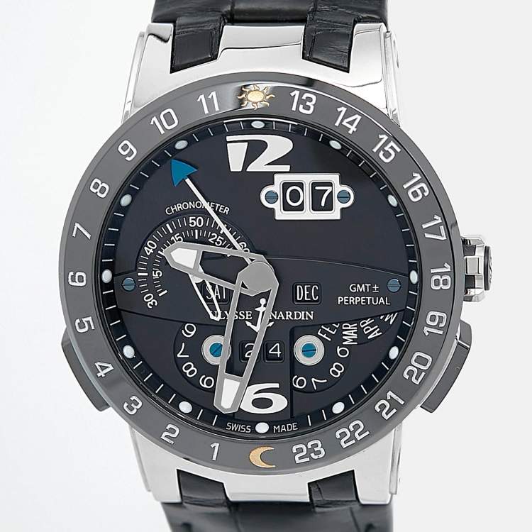 Pre Owned Ulysse Nardin Black Ceramic 18K White Gold Alligator Leather Perpetual Calendar El Toro 320-00 Men's Wristwatch 43 mm