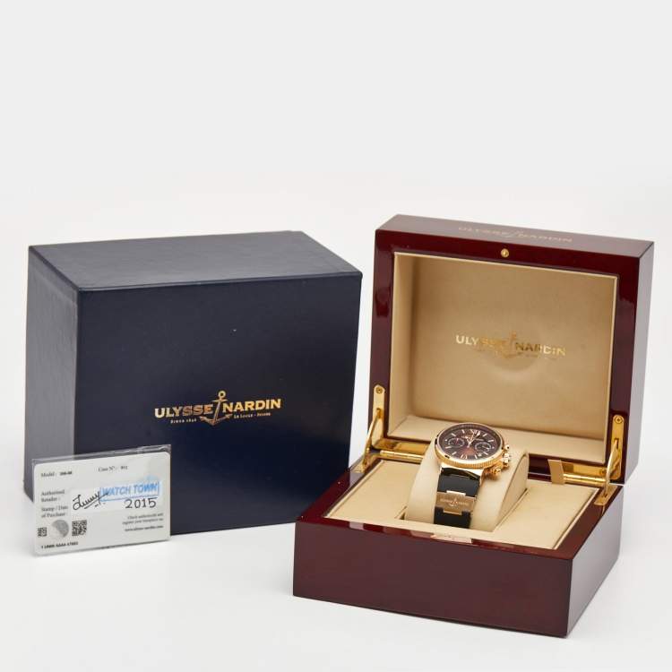 Pre Owned Ulysse Nardin Brown 18K Rose Gold Rubber Maxi Marine 356-66 Men's Wristwatch 41 mm
