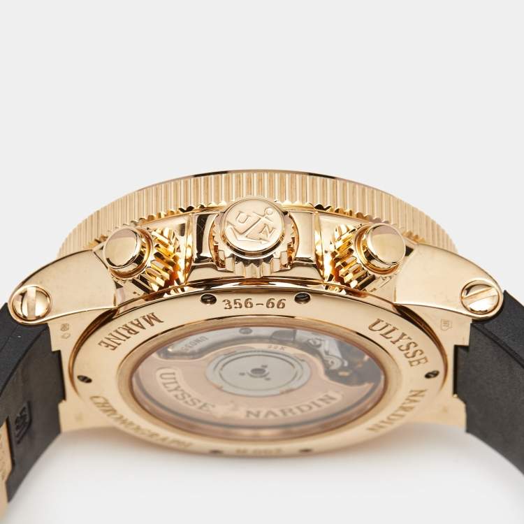 Pre Owned Ulysse Nardin Brown 18K Rose Gold Rubber Maxi Marine 356-66 Men's Wristwatch 41 mm