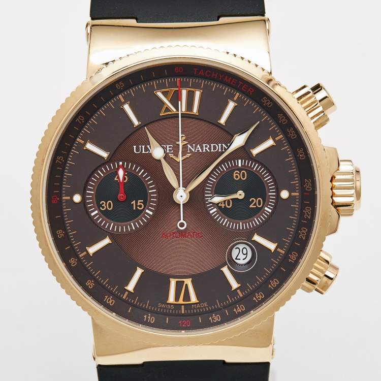 Pre Owned Ulysse Nardin Brown 18K Rose Gold Rubber Maxi Marine 356-66 Men's Wristwatch 41 mm