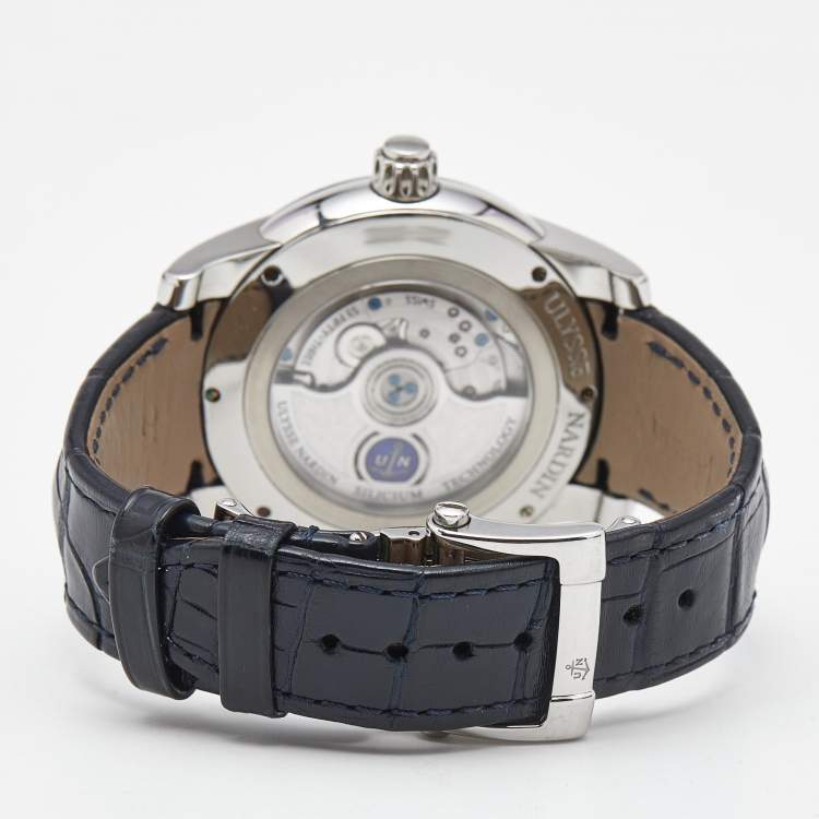 Pre Owned Ulysse Nardin Navy Blue Stainless Steel Alligator Leather Dual Time 3243-132LE/BQ Men's Wristwatch 42 mm