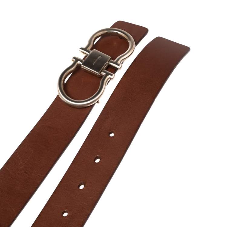 Pre Owned Salvatore Ferragamo Brown Leather Gancini Buckle Belt 95CM