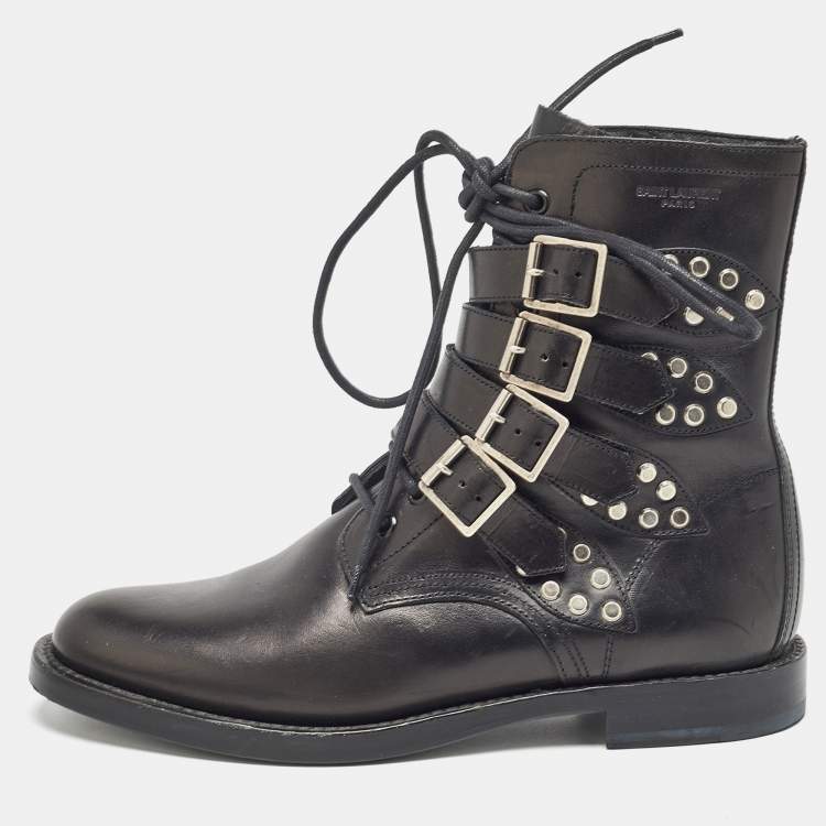Pre Owned Saint Laurent Black Leather Buckle Detail Ankle Boots Size 40