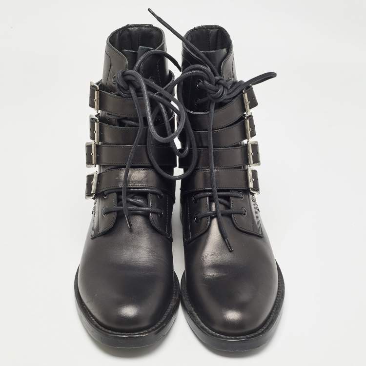 Pre Owned Saint Laurent Black Leather Buckle Detail Ankle Boots Size 40