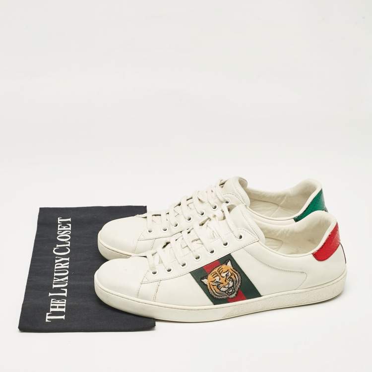 Pre Owned Gucci White Leather Ace Embroidered Tiger Low Top Sneakers Size 44