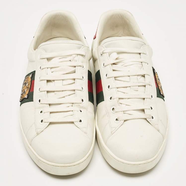 Pre Owned Gucci White Leather Ace Embroidered Tiger Low Top Sneakers Size 44