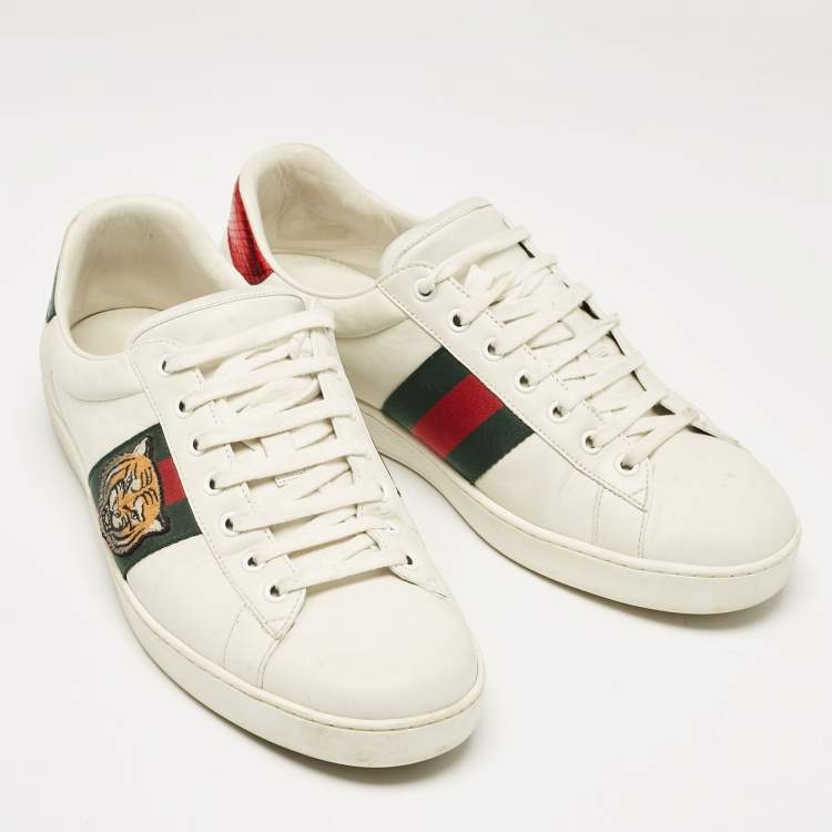 Pre Owned Gucci White Leather Ace Embroidered Tiger Low Top Sneakers Size 44