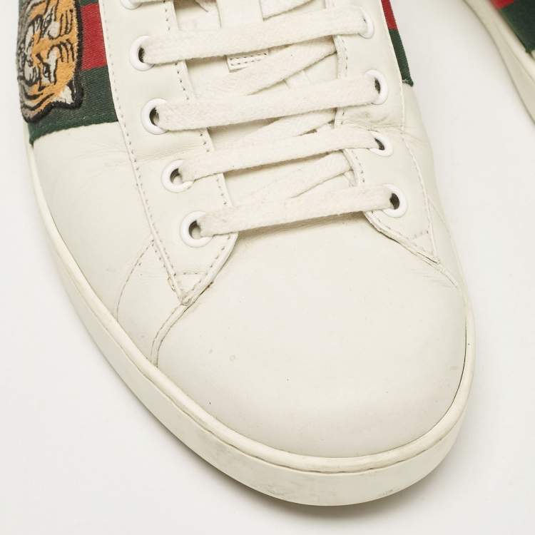 Pre Owned Gucci White Leather Ace Embroidered Tiger Low Top Sneakers Size 44