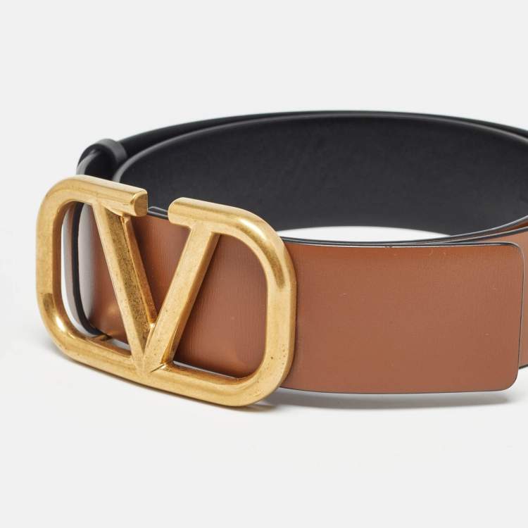 Pre Owned Valentino Brown/Leather Leather VLogo Reversible Belt 80CM