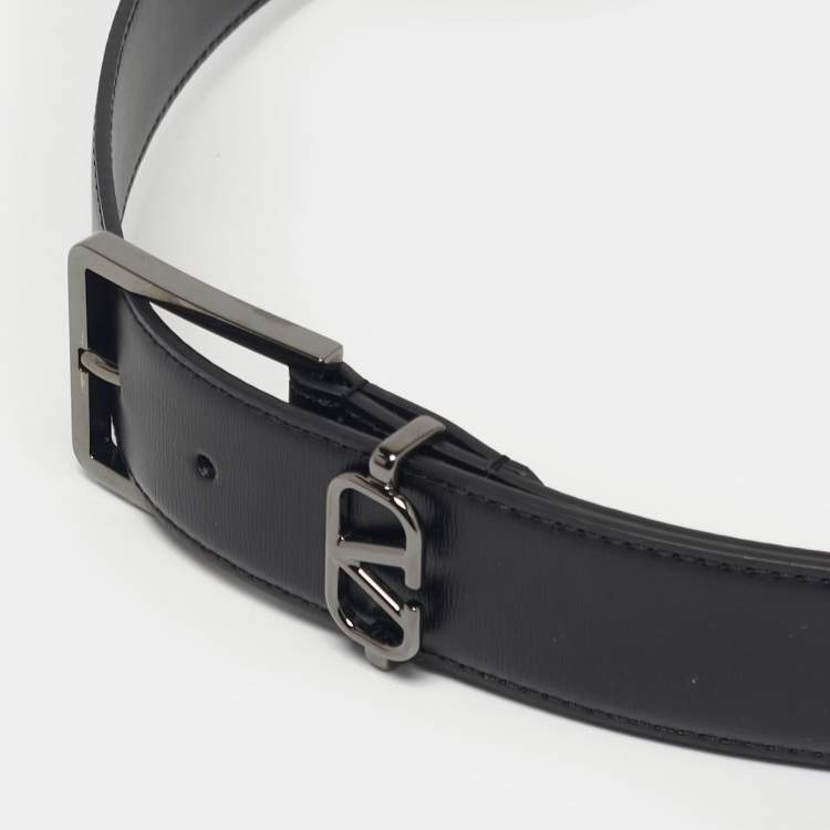 Pre Owned Valentino Black Leather Mini VLogo Buckle Belt 85 CM
