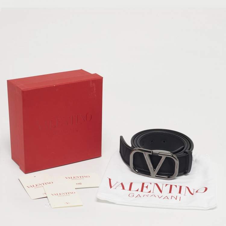Pre Owned Valentino Black Iconographe Canvas and Leather VLogo Buckle Belt 90 CM
