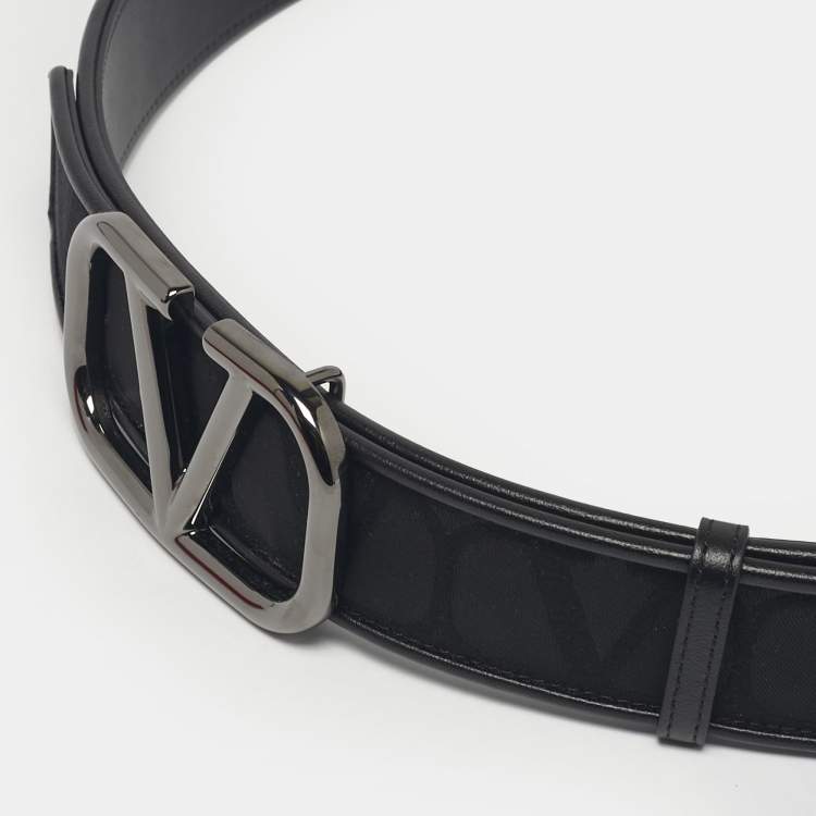 Pre Owned Valentino Black Iconographe Canvas and Leather VLogo Buckle Belt 90 CM