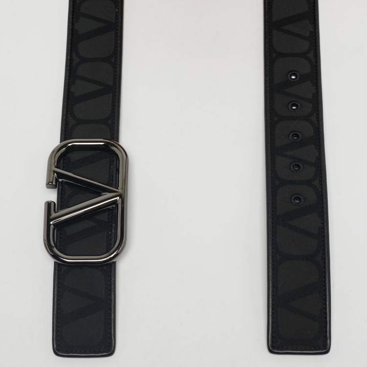 Pre Owned Valentino Black Iconographe Canvas and Leather VLogo Buckle Belt 90 CM