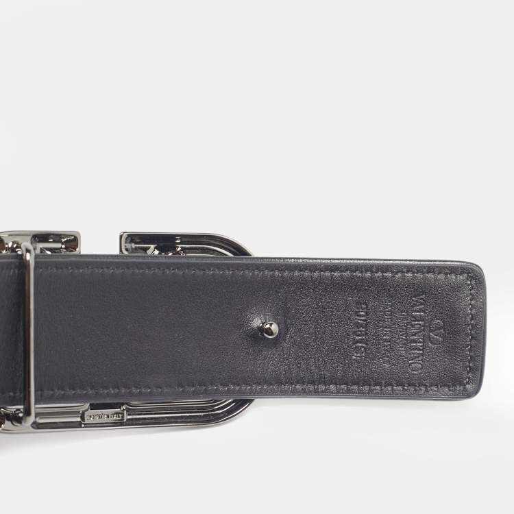 Pre Owned Valentino Black Iconographe Canvas and Leather VLogo Buckle Belt 90 CM