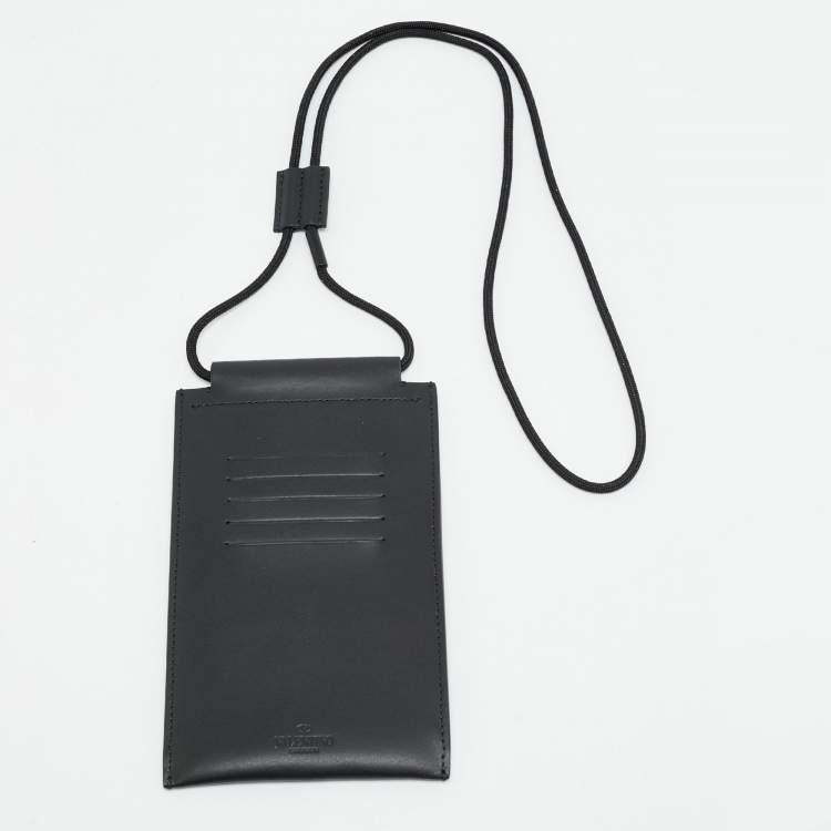 Pre Owned Valentino VLTN Black Leather Phone Lanyard 