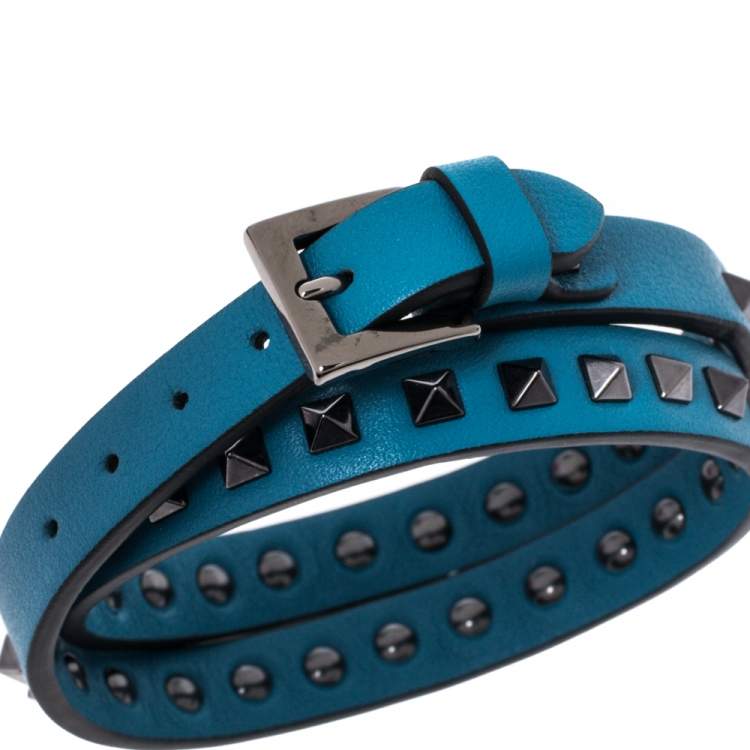Pre Owned Valentino Blue Leather Double Wrap Rockstud Bracelet