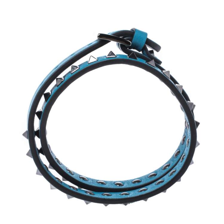 Pre Owned Valentino Blue Leather Double Wrap Rockstud Bracelet