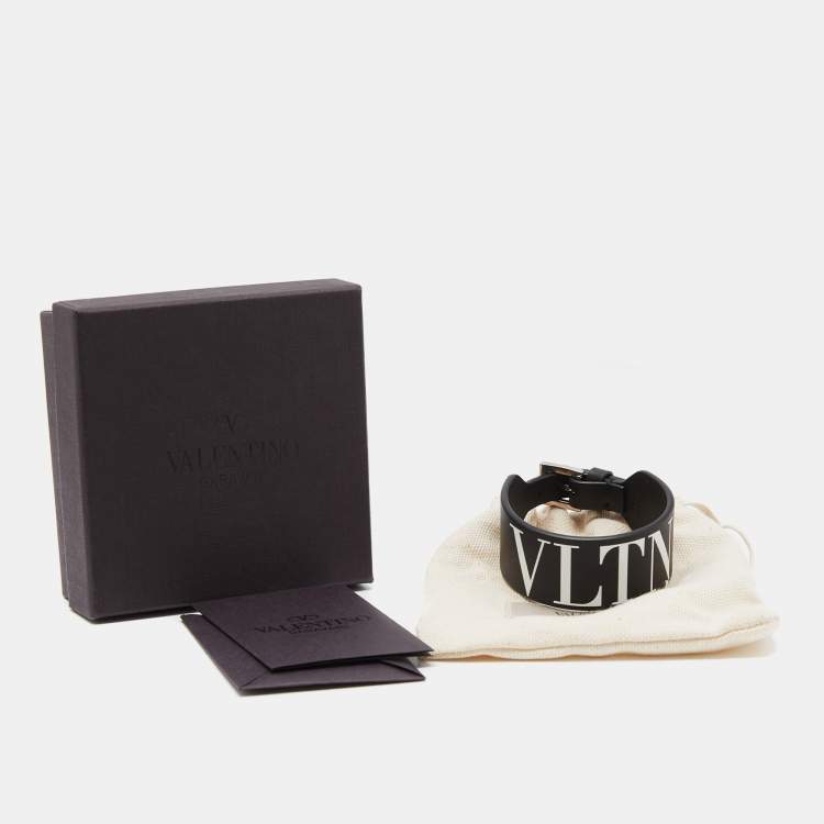 Pre Owned Valentino VLTN Black Leather SIlver Tone Bracelet