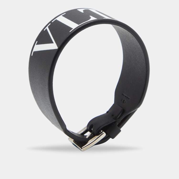 Pre Owned Valentino VLTN Black Leather SIlver Tone Bracelet