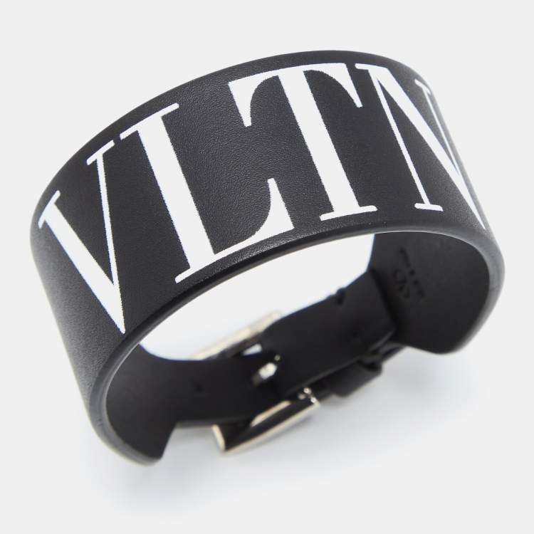 Pre Owned Valentino VLTN Black Leather SIlver Tone Bracelet