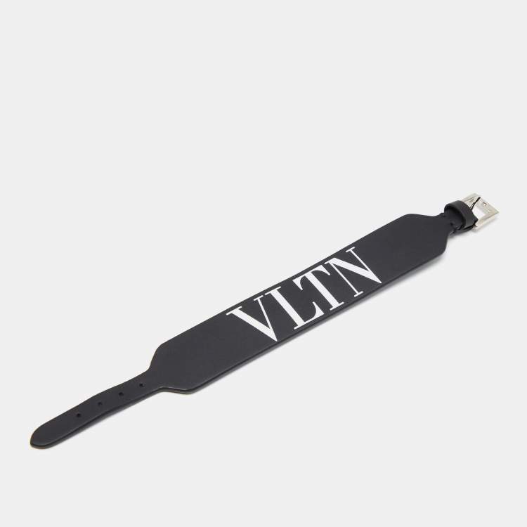 Pre Owned Valentino VLTN Black Leather SIlver Tone Bracelet