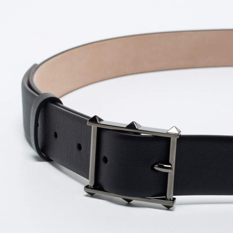 Pre Owned Valentino Black Leather Rockstud Buckle Belt 95 CM
