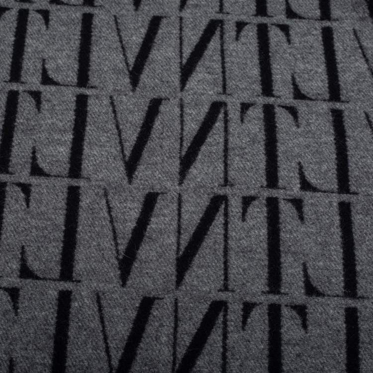 Pre Owned Valentino Black/Grey VLTN Printed Wool and Cashmere Scarf