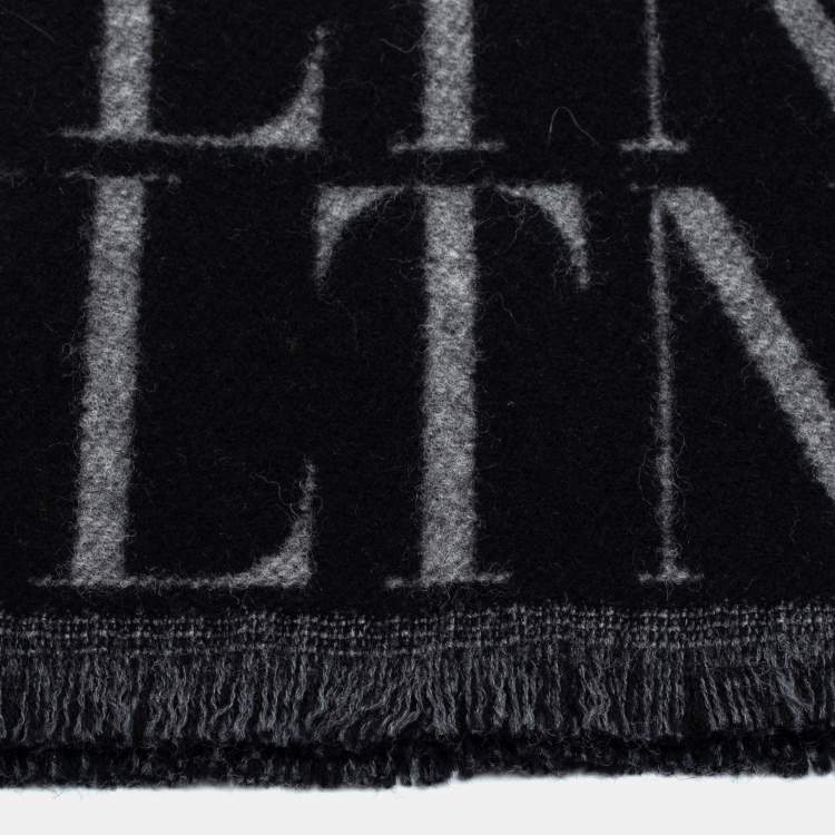 Pre Owned Valentino Black/Grey VLTN Printed Wool and Cashmere Scarf