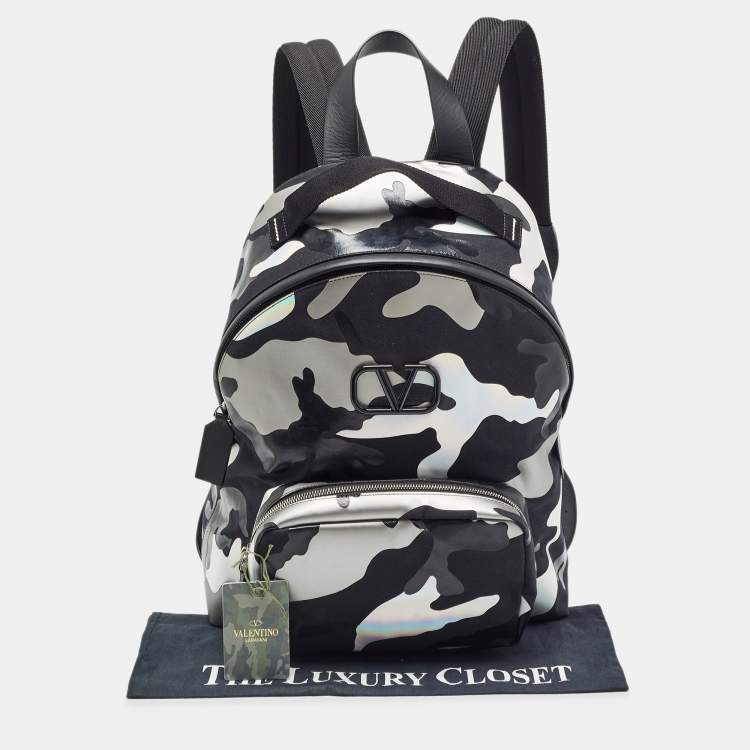Pre Owned Valentino Black/Metallic Camouflage Fabric and Leather VLogo Backpack